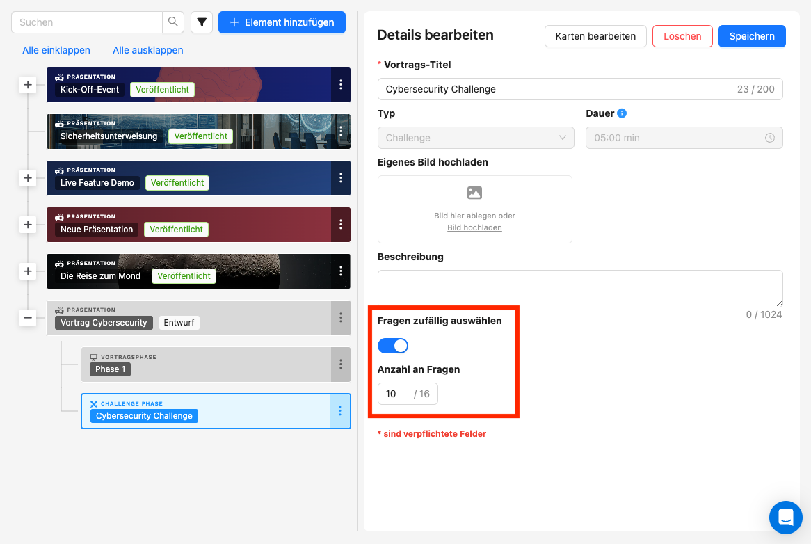 Im Editor der Challenge Phase wird der Teil markiert, wo konfiguriert werden kann, ob Fragen zufällig ausgewählt werden sollen und wie viele Fragen aus dem Pool gezogen werden sollen.