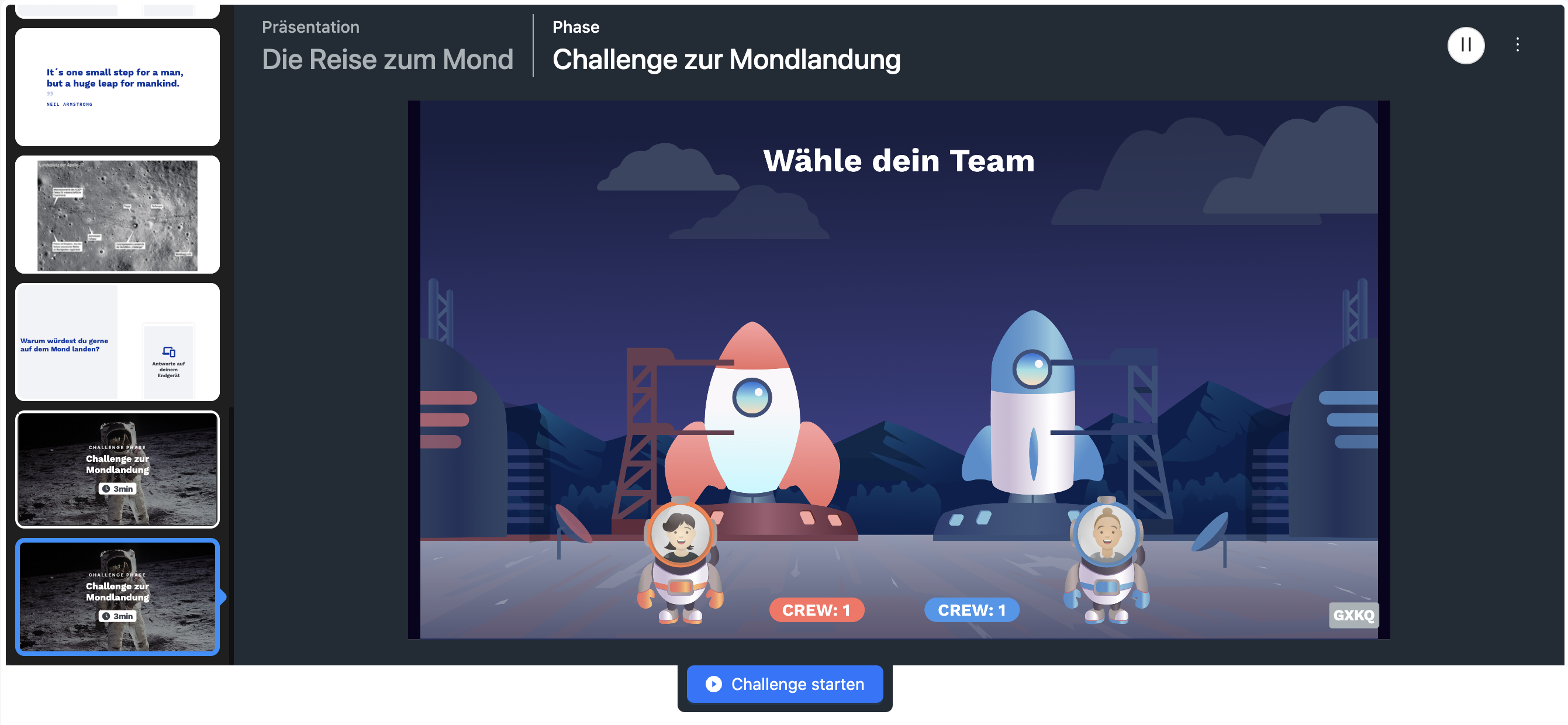 Zu Beginn der Challenge wird die Team-Auswahl angezeigt. Der Button 