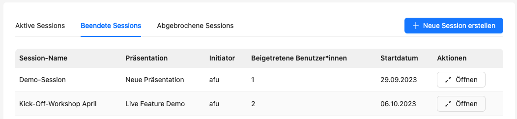 Nach Beendigung der Session gelangen Sie zurück zur Übersicht.