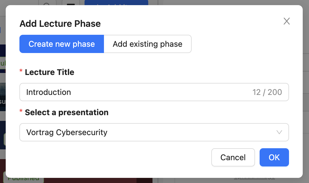 When adding a presentation phase, an input field for the presentation title and a selection field for the presentation are displayed in the creation window.