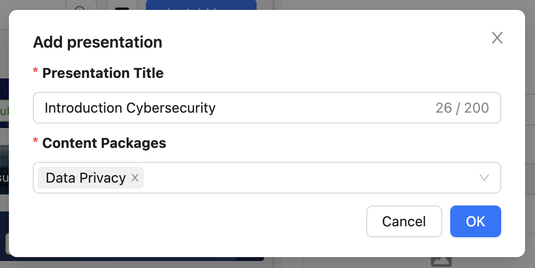 To add a presentation, a window is displayed with an input field for the presentation title and a selection field for the content package.