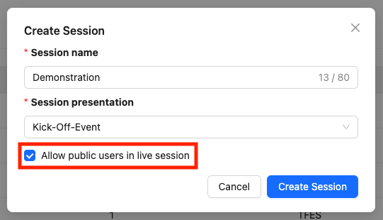 Activate the checkbox ‘Allow public access in session’.