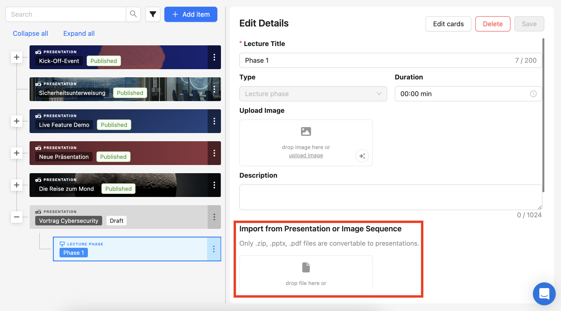 In the editor on the right-hand side, the field for uploading a PowerPoint file is highlighted.