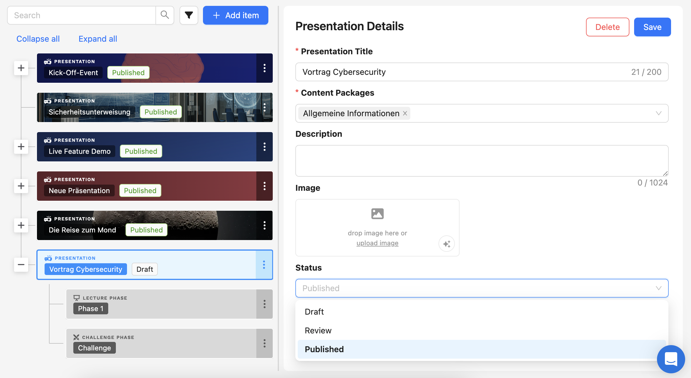 An open presentation shows the editor on the right-hand side with the dropdown for the status from 