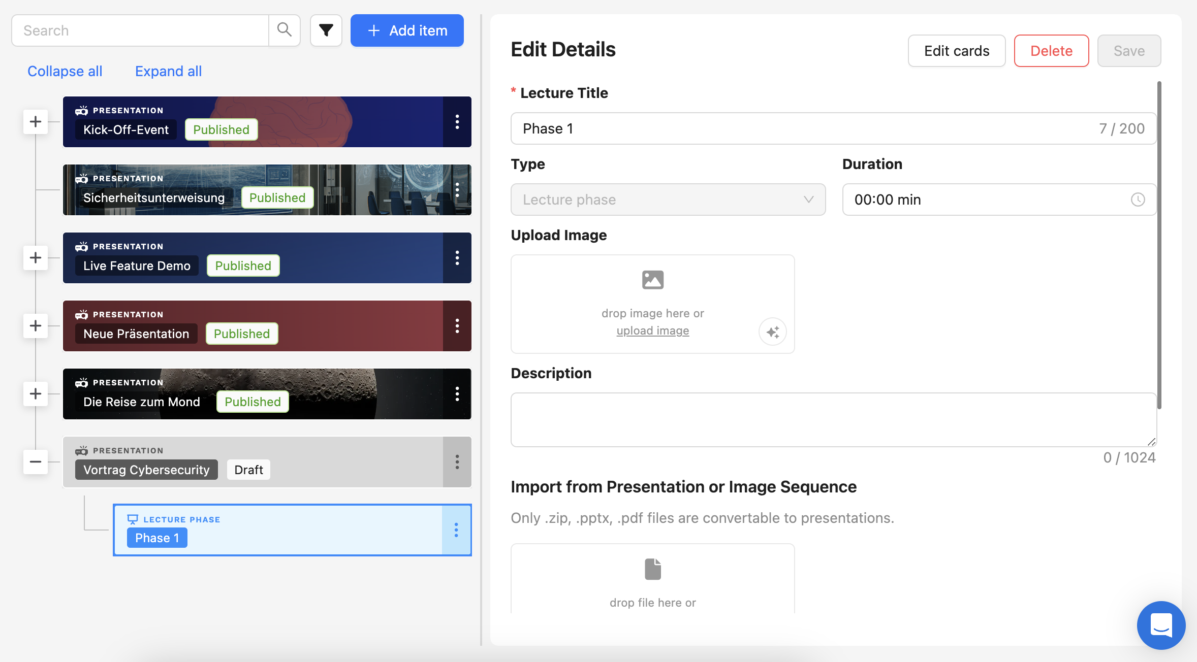 View of the presentation list with the editor open for the selected presentation phase.