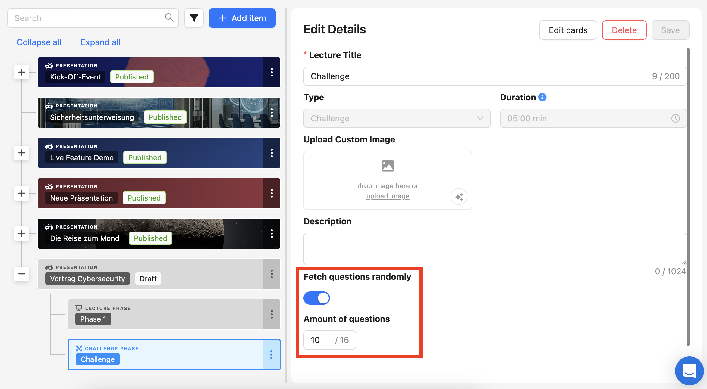 In the editor of the challenge phase, the part is marked where you can configure whether questions should be selected randomly and how many questions should be drawn from the pool.