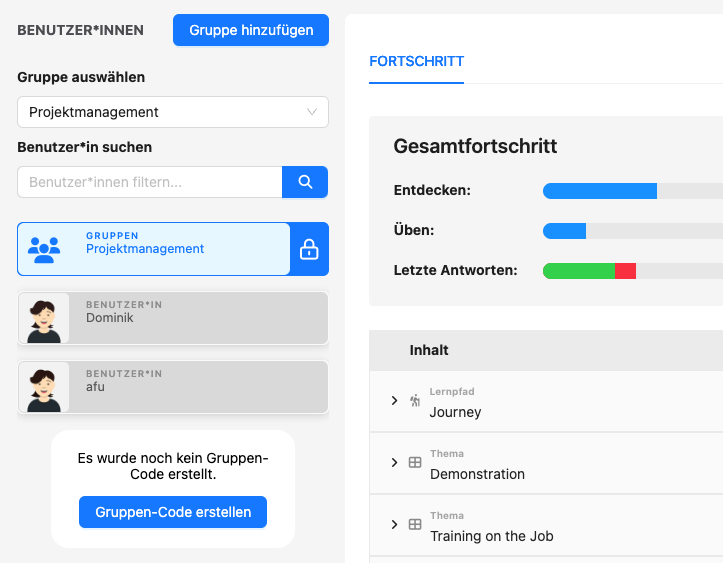 Auf der linken Seite wählen Sie die Gruppe und Benutzer*innen aus.