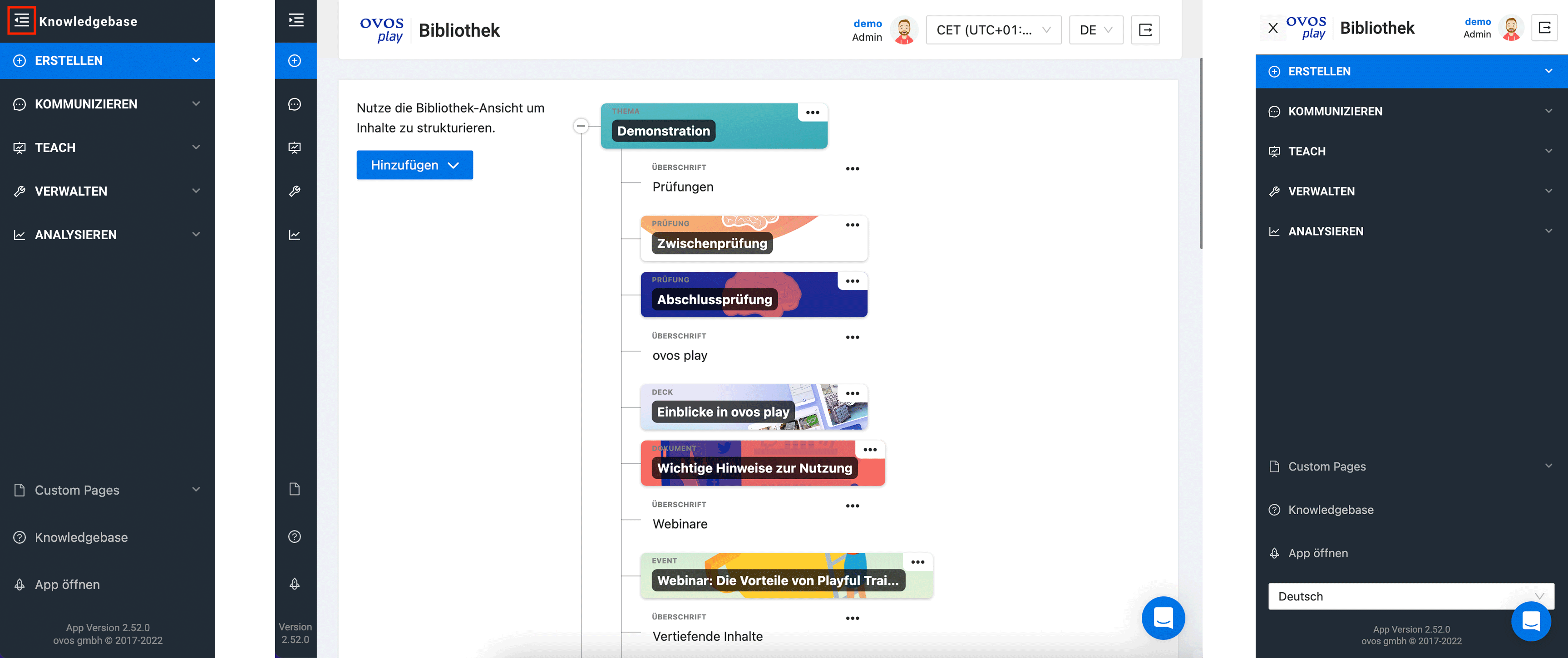 Das neue Menü in aus- und eingeklappter Form und der mobilen Ansicht.