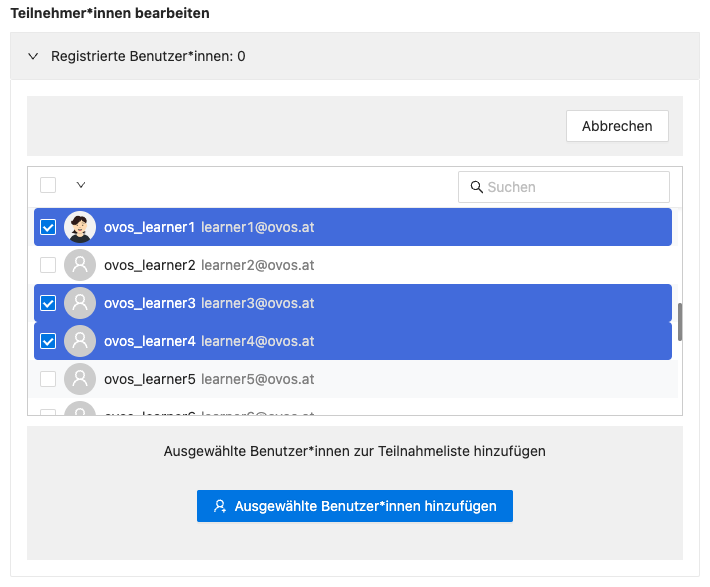 Mit der Checkbox können Sie Benutzer*innen auswählen, um Sie dann hinzuzufügen.