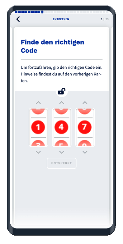 Die Code-Karte zeigt drei Antwort-Slots zum Eingeben der Antwort.