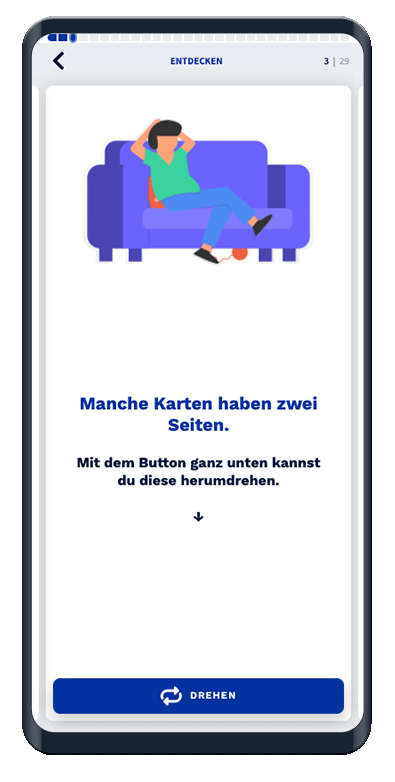 Die Flip-Karte zeigt das hinzugefügt Bild mit Text und besitzt einen Button zum Drehen der Karte.