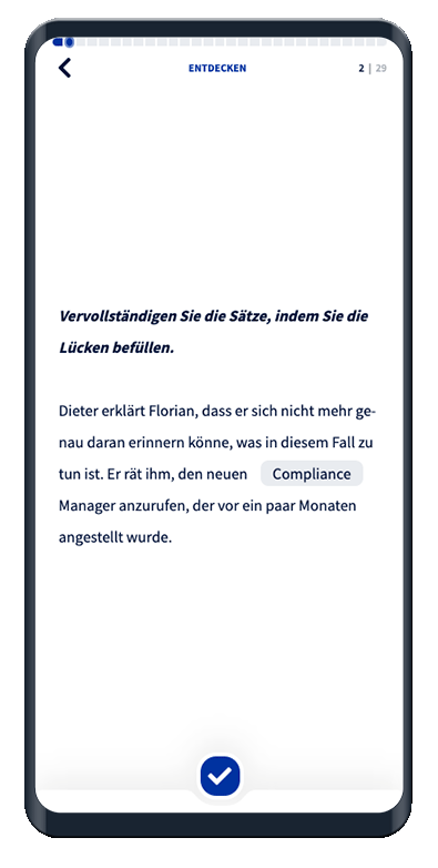 Die Lückentext-Eingabe-Karte zeigt einen Lückentext mit Platzhaltern und für die Lücke ein Texteingabefeld.