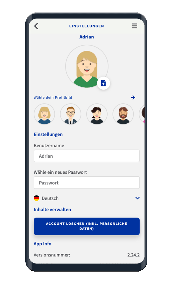 Auf der Profilseite können Benutzer*innen ihren Avatar, Nickname und Passwort wählen.