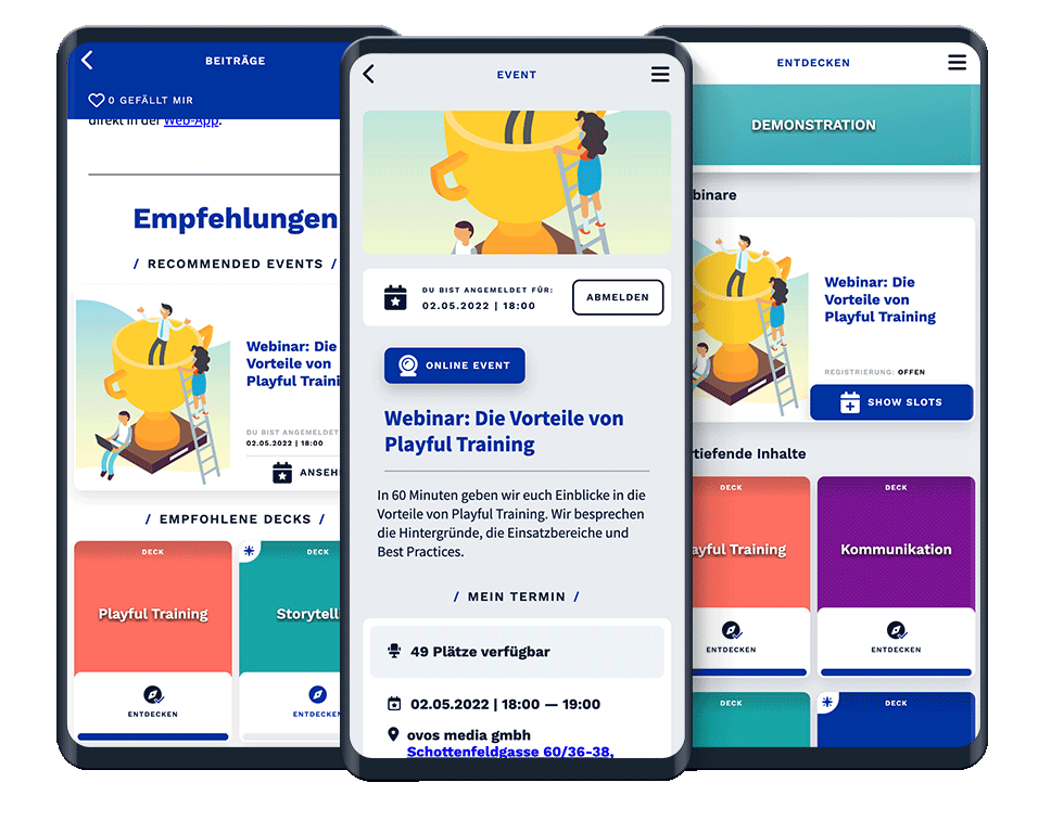 Events sind Teil der Lerninhalte und zeigen Termine an, wofür sich Benutzer*innen anmelden können.