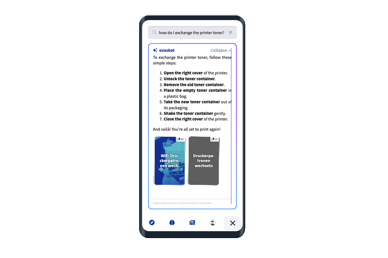 Shows the app view of the AI answer to the question ‘How do I change printer cartridges?’