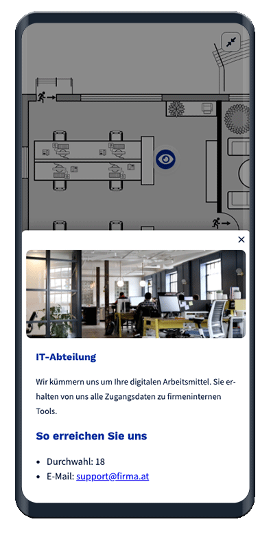 Die Szenen-Karte zeigt ein horizontal verschiebbares Szenenbild mit darauf platzierten Infoboxen.