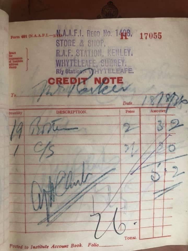 1936 N.A.A.F.I. Credit Note Book - Kenley Revival