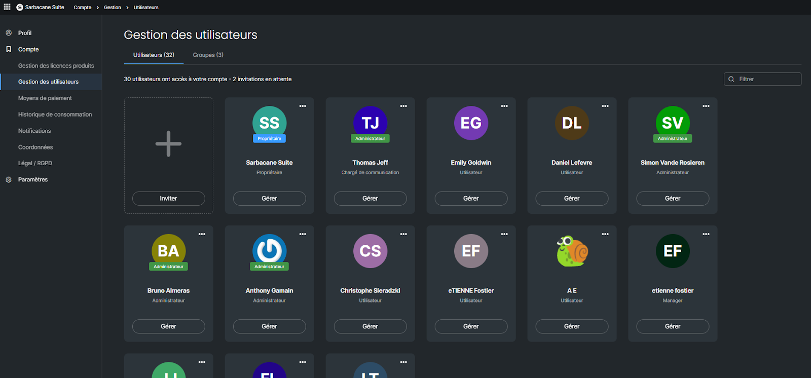 gestion des utilisateurs sarbacane