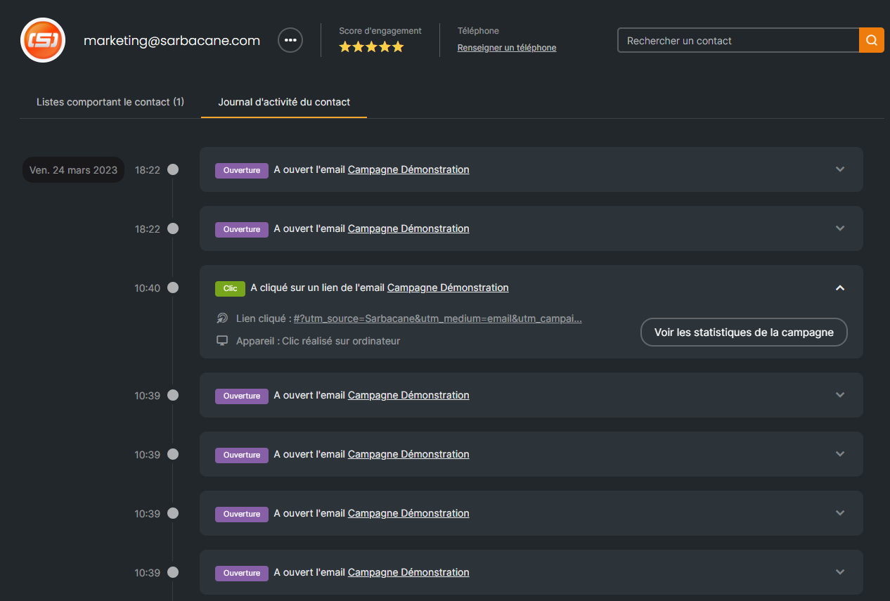 Journal activité contact Sarbacane