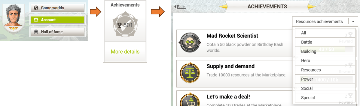 Achievements overview in Travian Kingdoms lobby