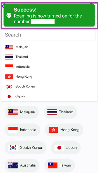 Description: The images above show the MyRepublic Mobile App where the customer can enable/disable their roaming service.