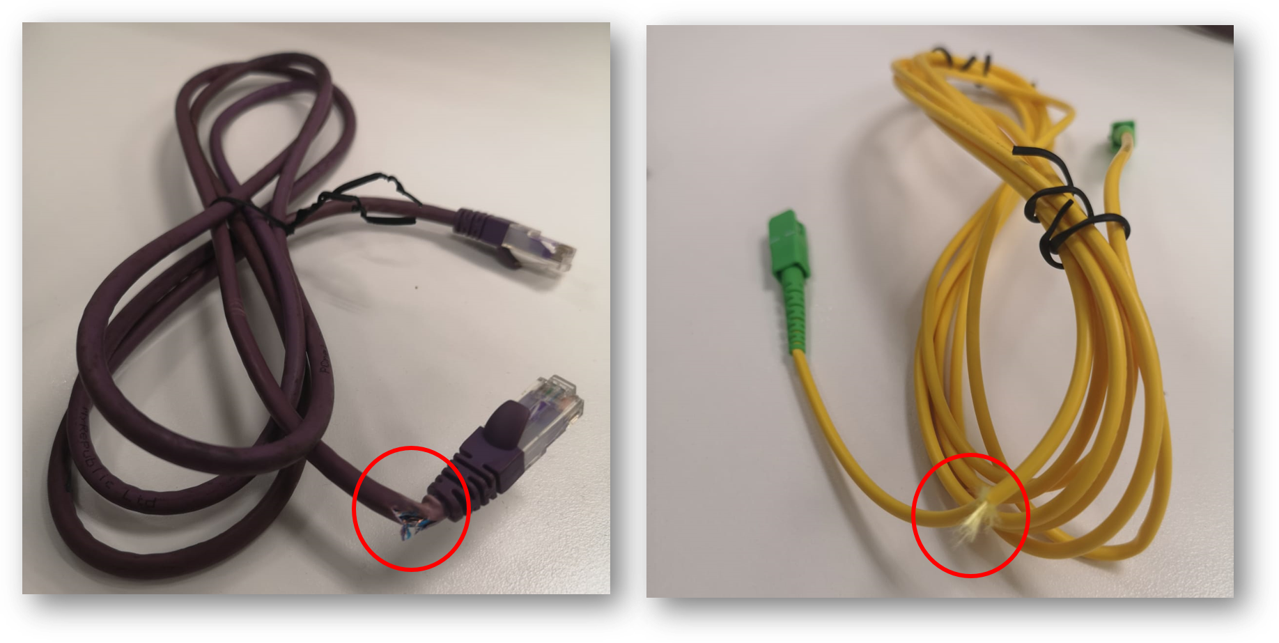 The images above display samples of defective ethernet (LAN) cables.