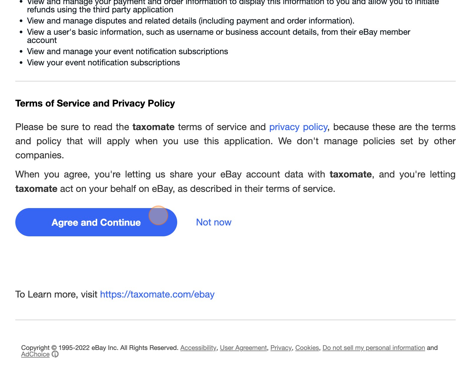 agree to connect ebay to taxomate