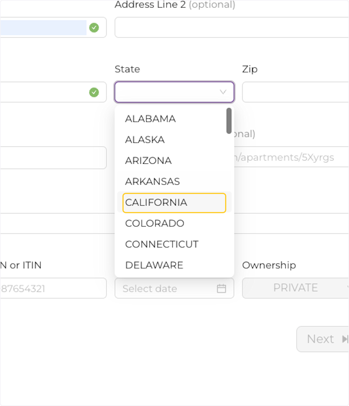 Select your business state from the picklist
