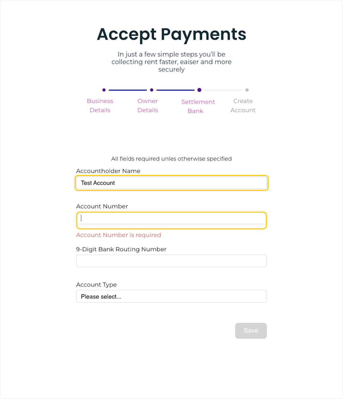 Enter your settlement bank details