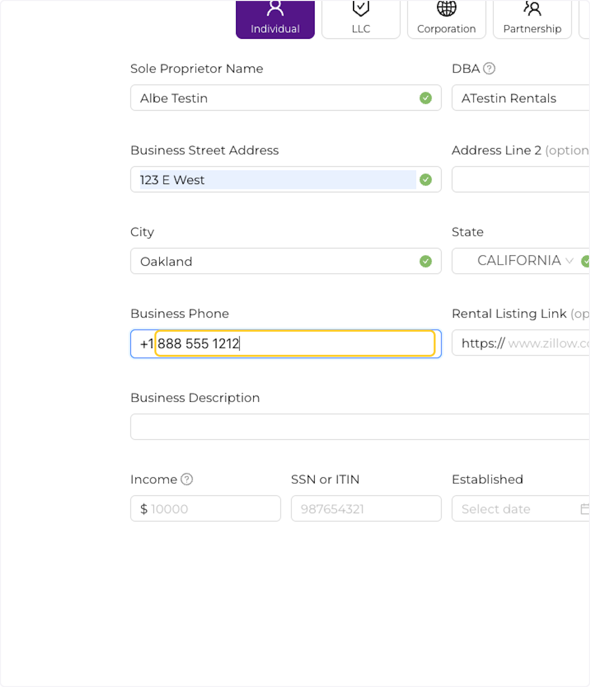 Enter a business phone number
