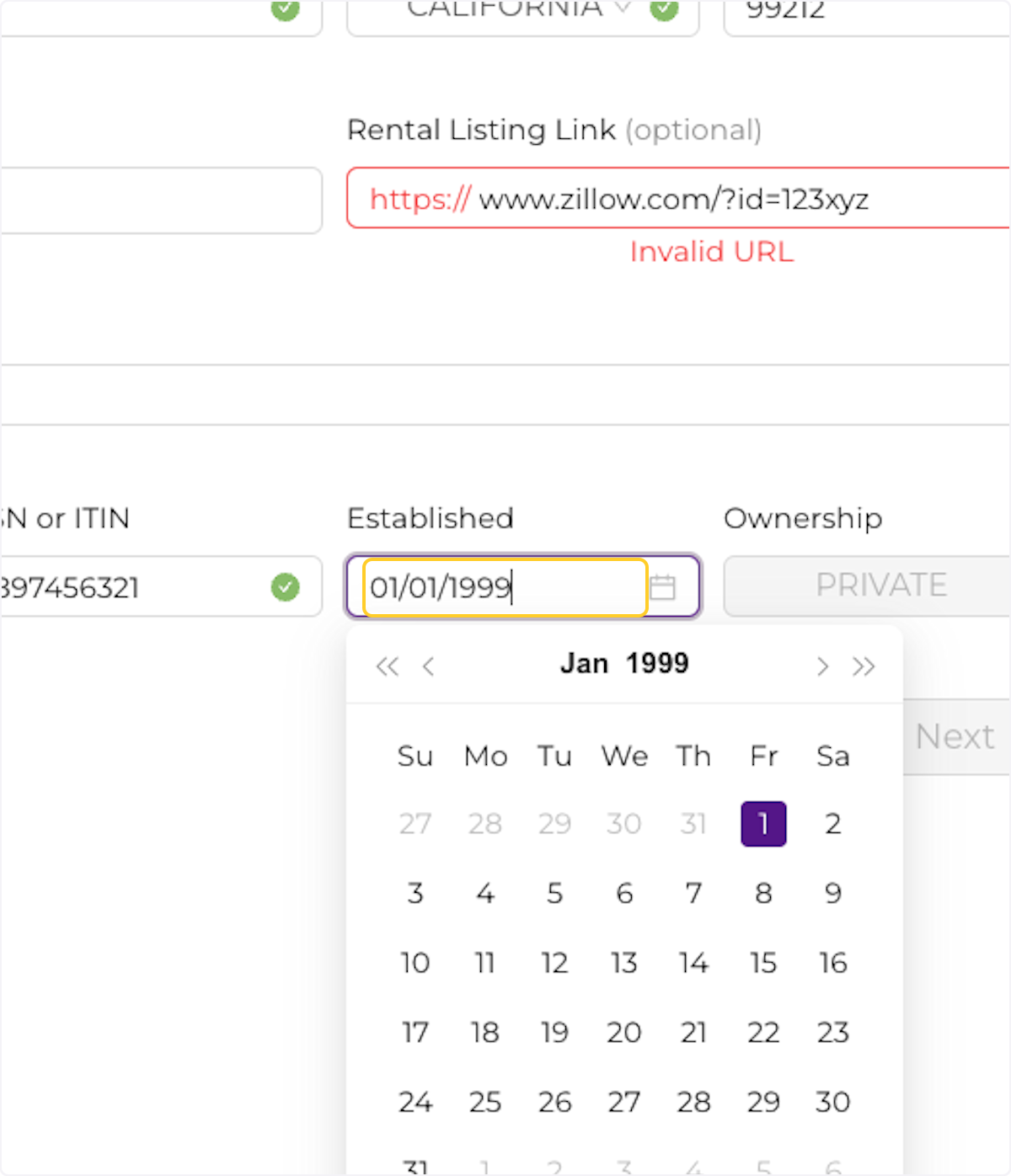 Enter the date when your business started