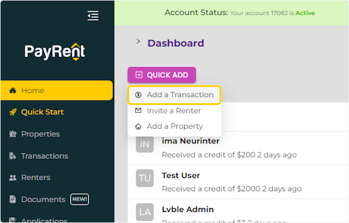 Click on Add a Transaction