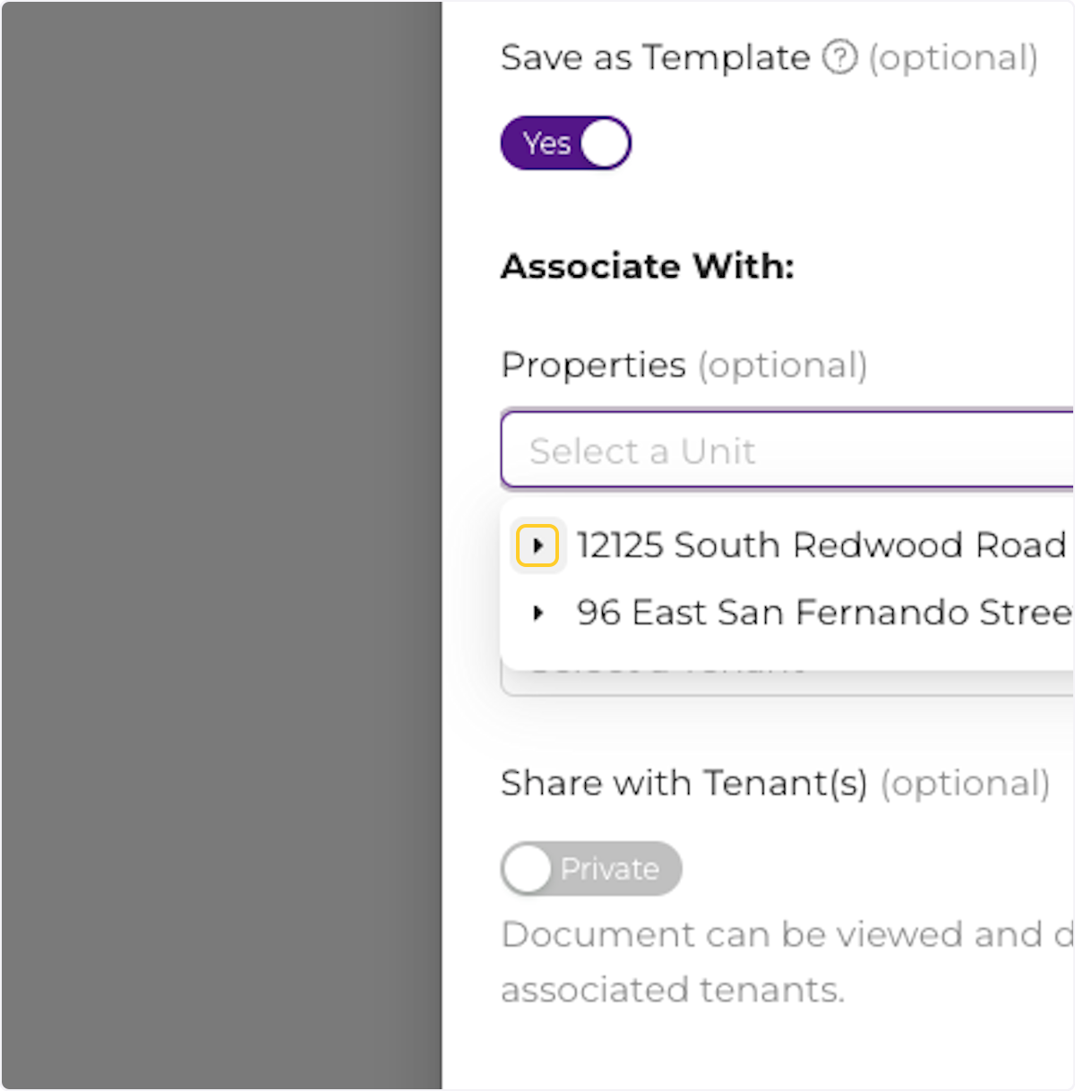 Associate documents with properties, units, or individual tenants