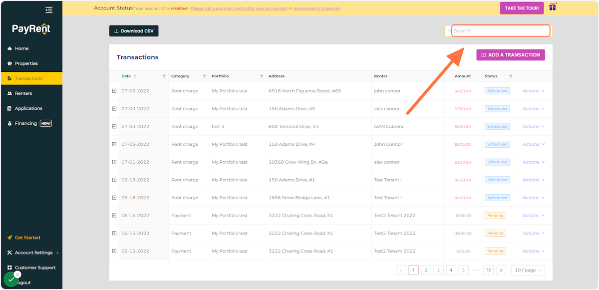 You Can Search by Typing in the Unit Address or Renter's name.