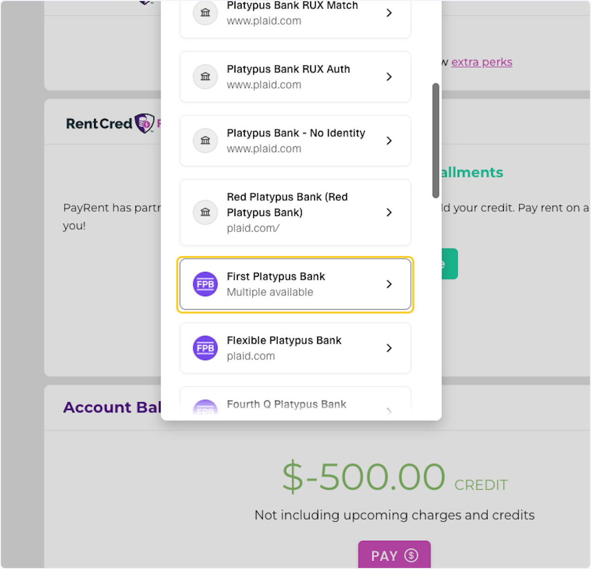 Select your bank from the list