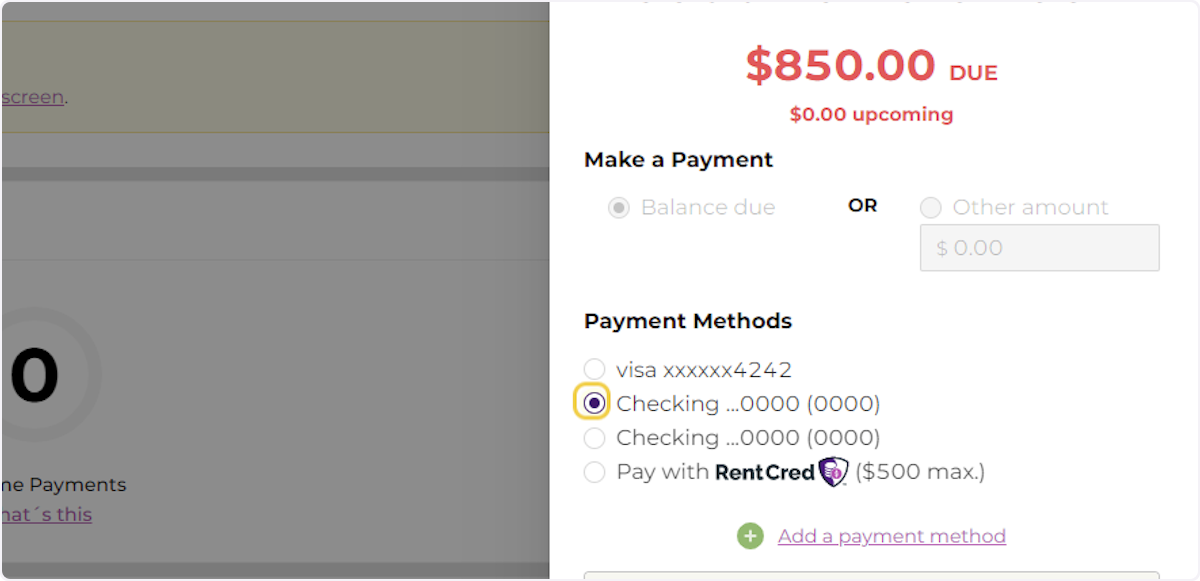Select the Amount to Pay and Payment Method.