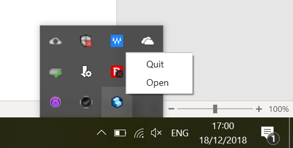 A screenshot showing where to quit or open the folder watcher on windows
