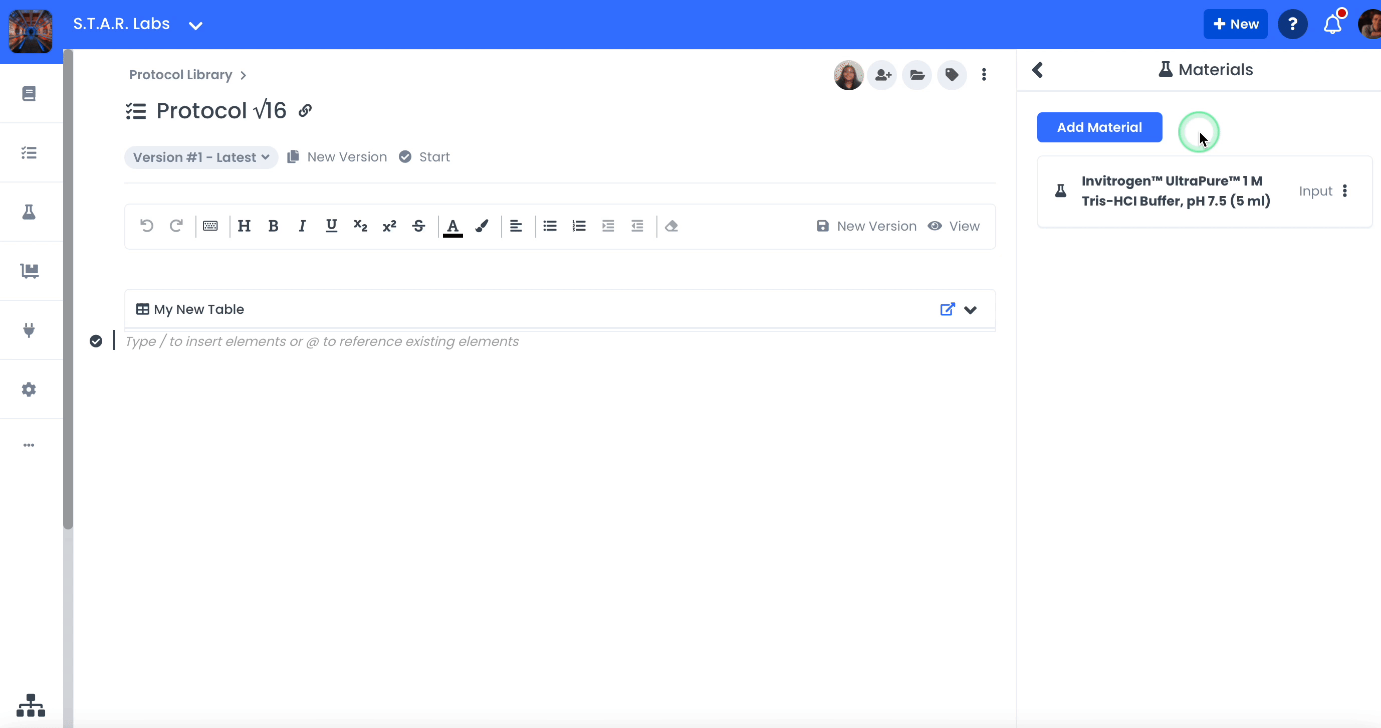 A GIF showing how to specify a resource category when adding materials to your experiment or protocol entry