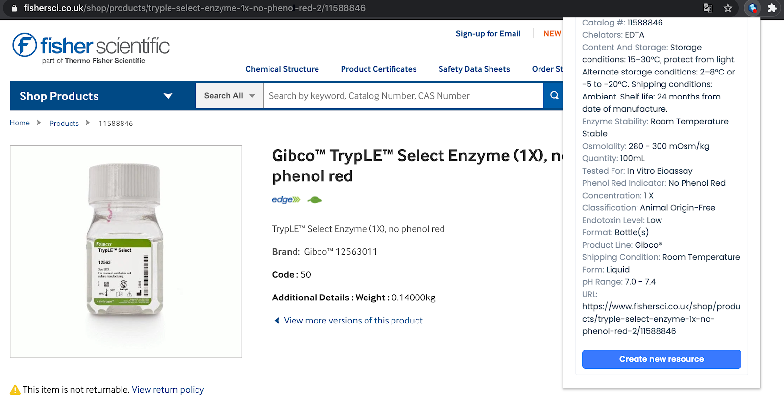 Fisher scientific page alongside the Labstep chrome extension creating a new resource based upon the vendor website details