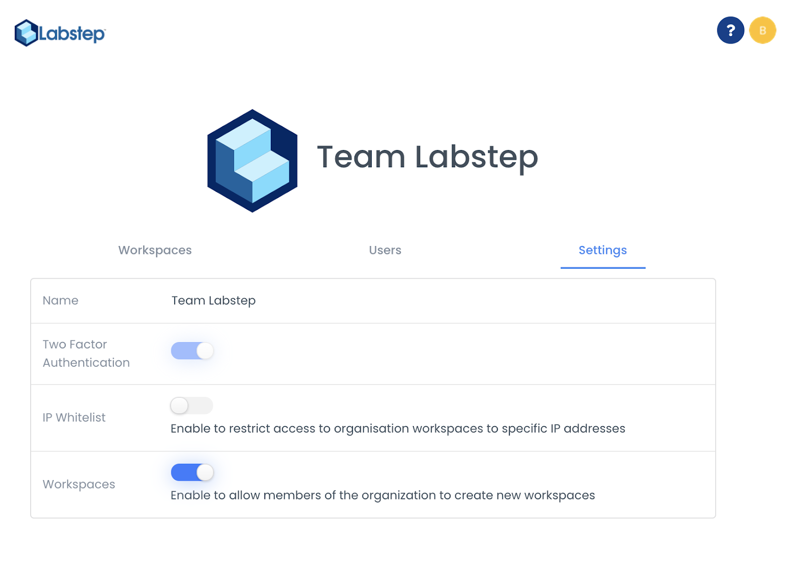 A screenshot of the settings tab of your account, where you can make sure two-factor authentication is enabled for your Labstep account.