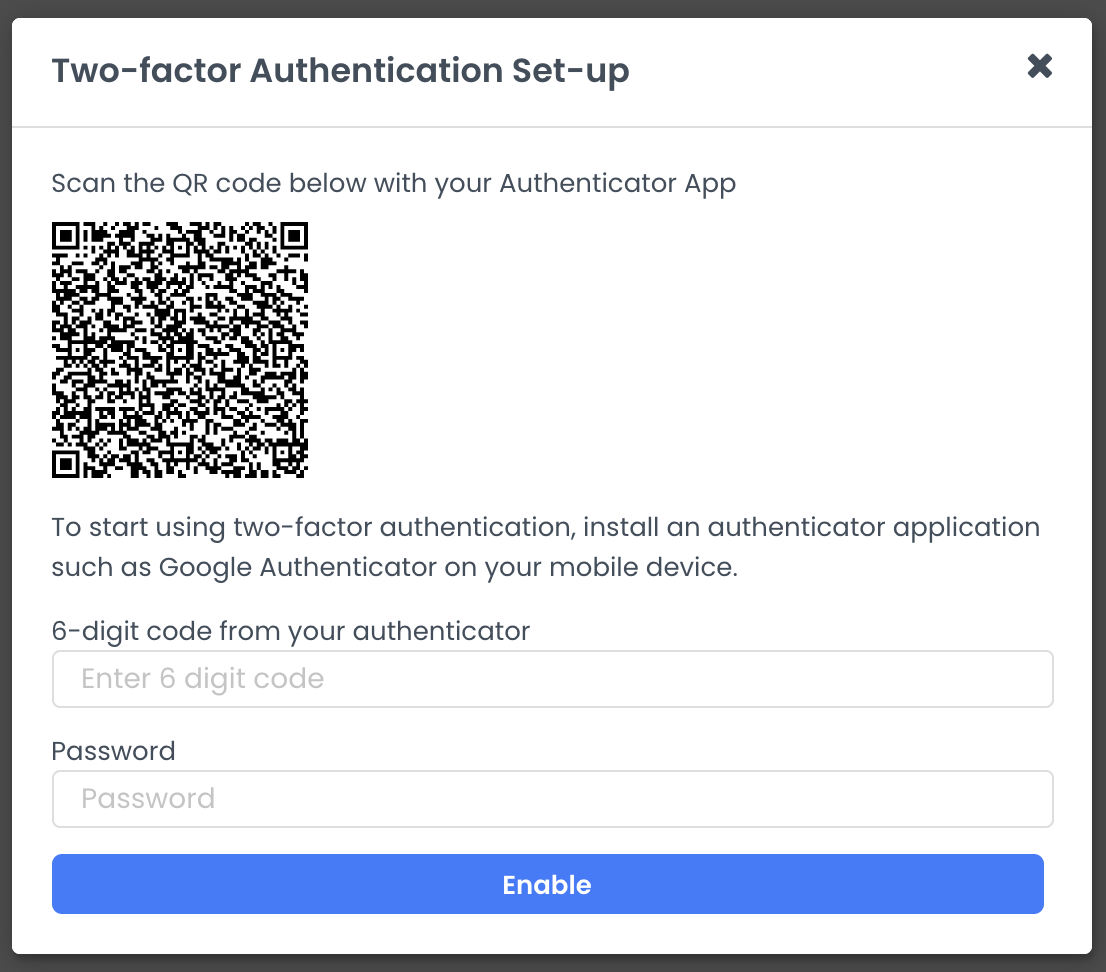 A screenshot of the two-factor authentication pop-up where must scan a QR code, then enter a 6-digit code from your authenticator alongside your password