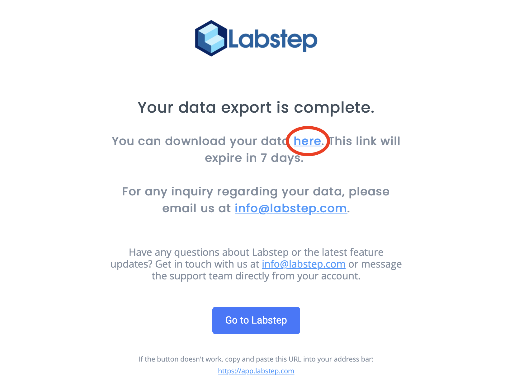 A screenshot showing what the email with the export link looks like
