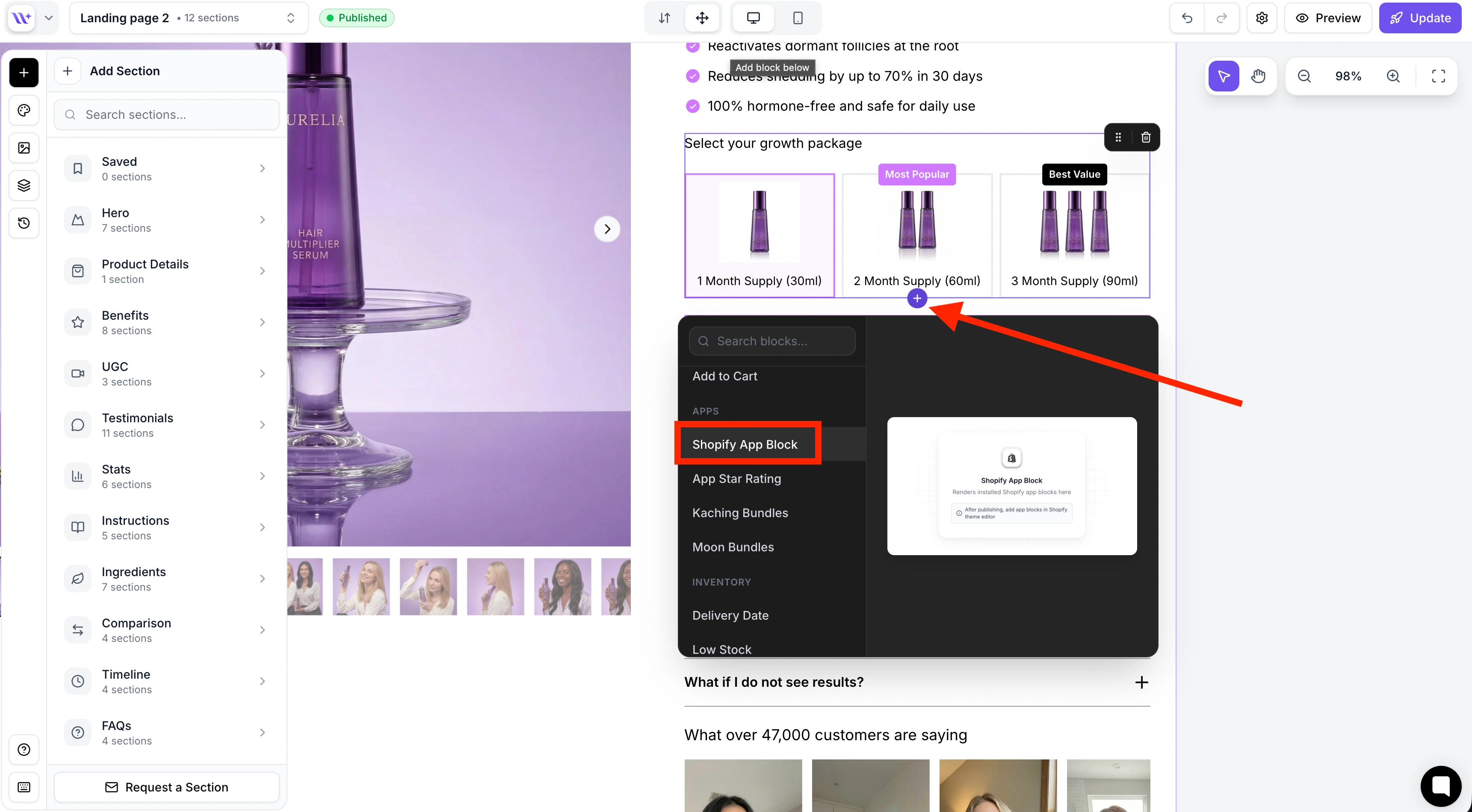Adding Shopify App Block snippet from the snippets menu in EcomWize