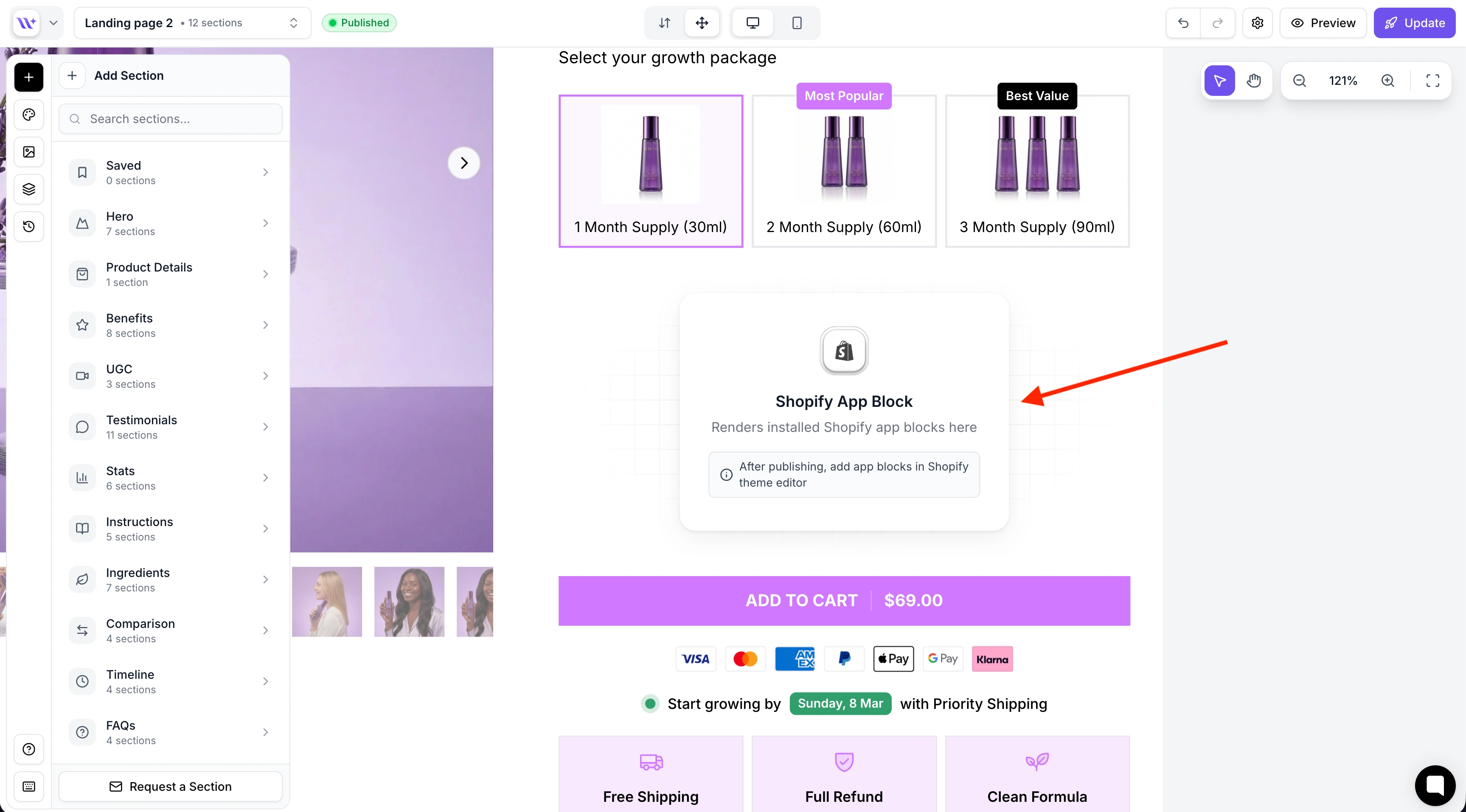 Shopify App Block placeholder rendered on the EcomWize canvas