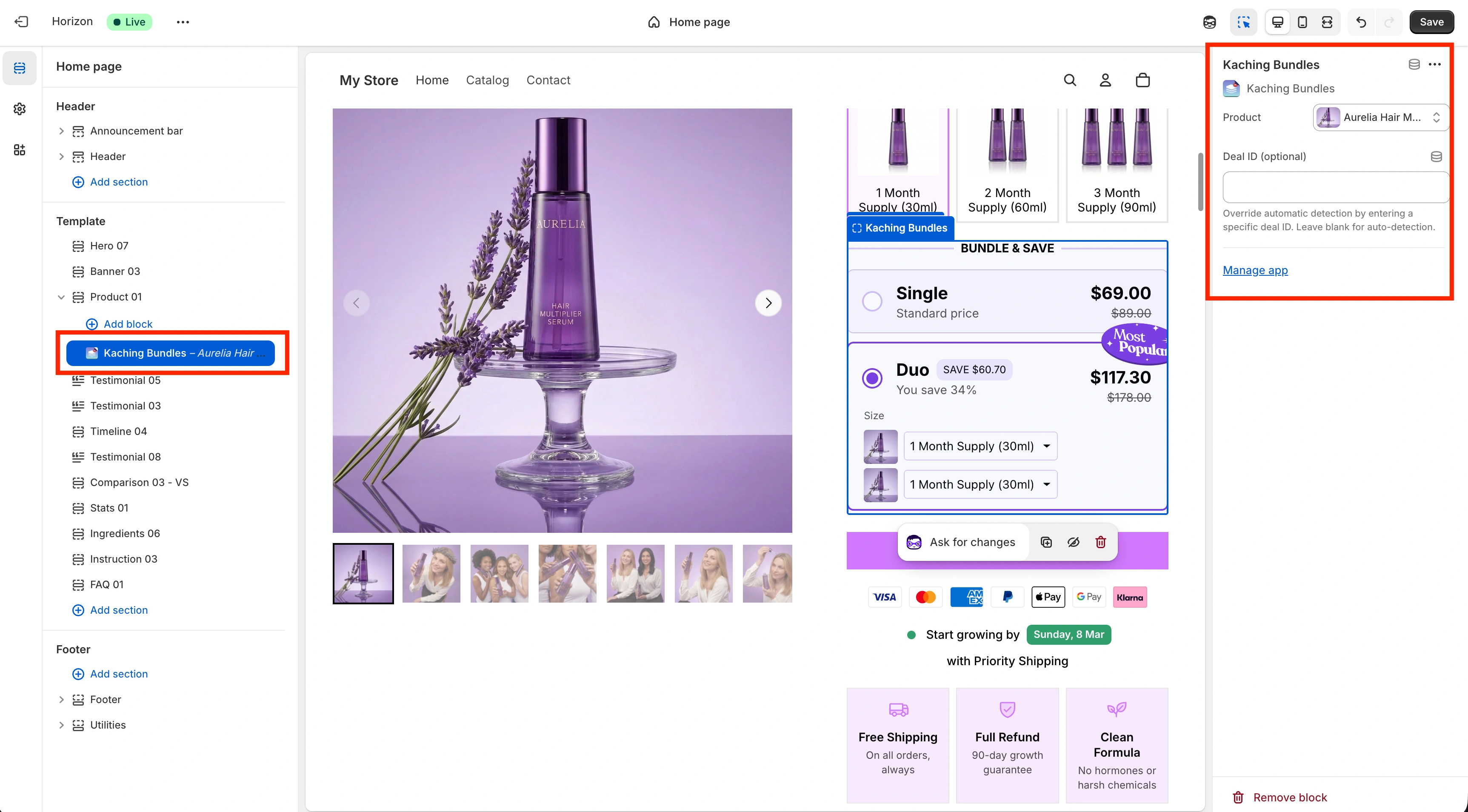 App block live inside the product section in the Shopify theme editor