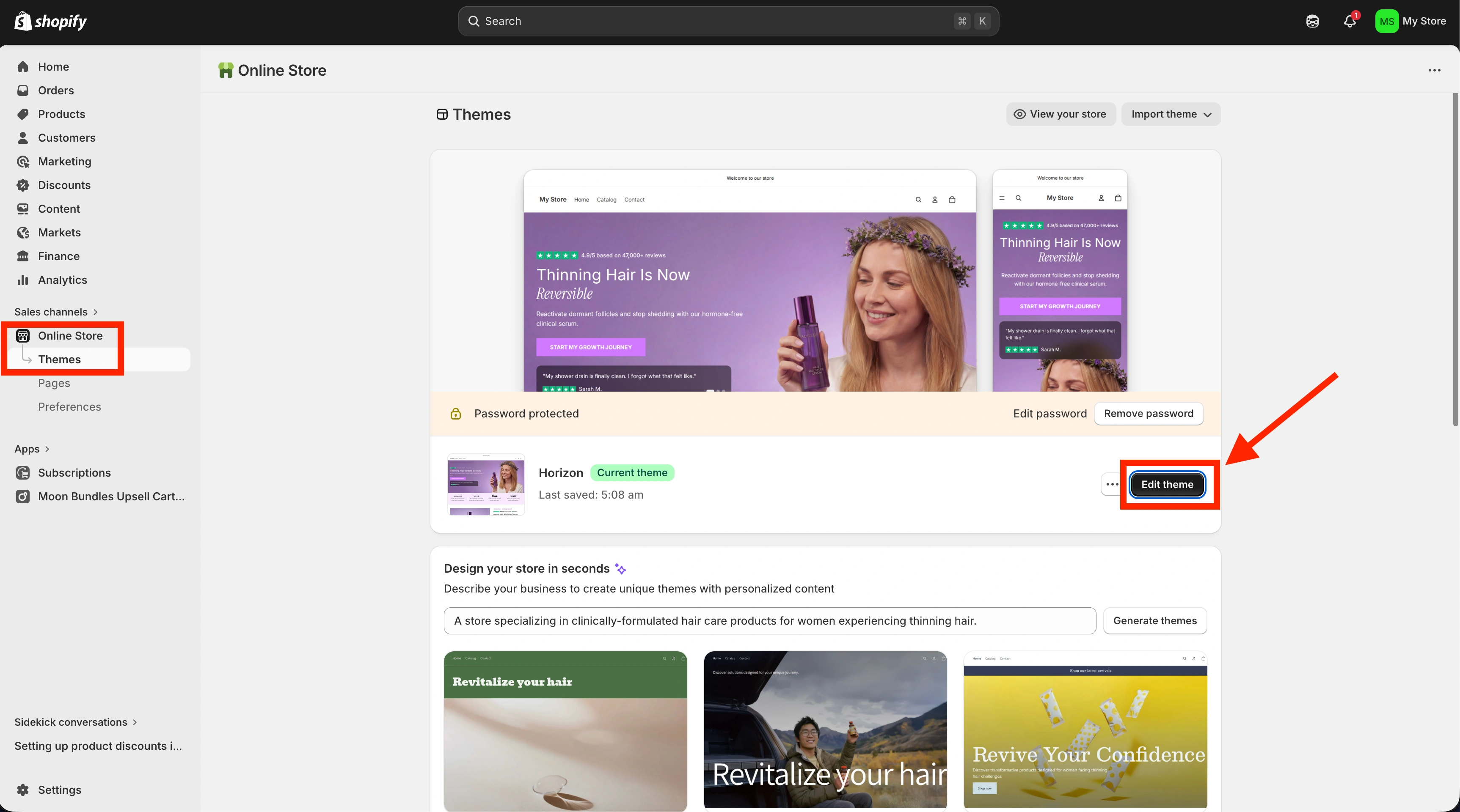 Shopify admin Themes page with Edit theme button highlighted