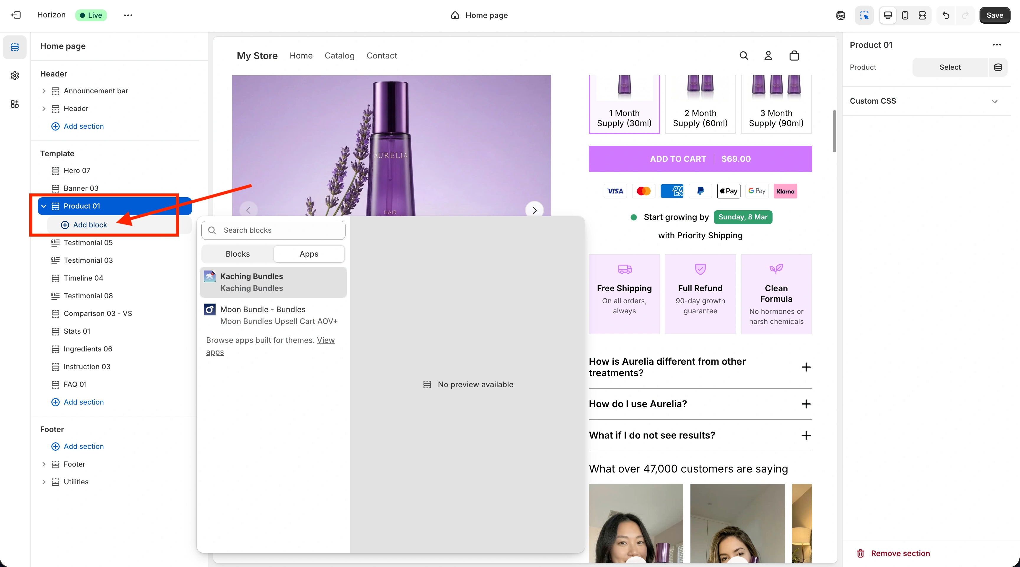 Adding an app block via the Shopify theme editor sidebar