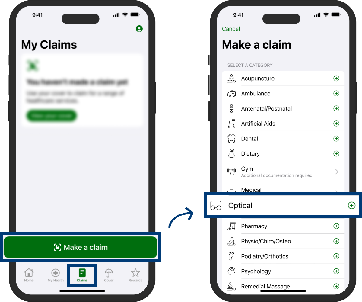 nib App screens of making a new optical claim