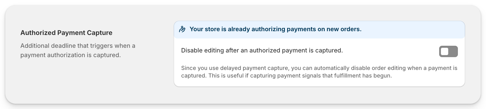 Authorized Payment Capture setting for disabling editing after an authorized payment is captured.