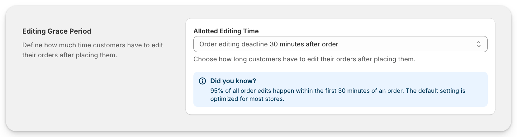 Editing Grace Period setting showing the Allotted Editing Time dropdown and recommendation callout.
